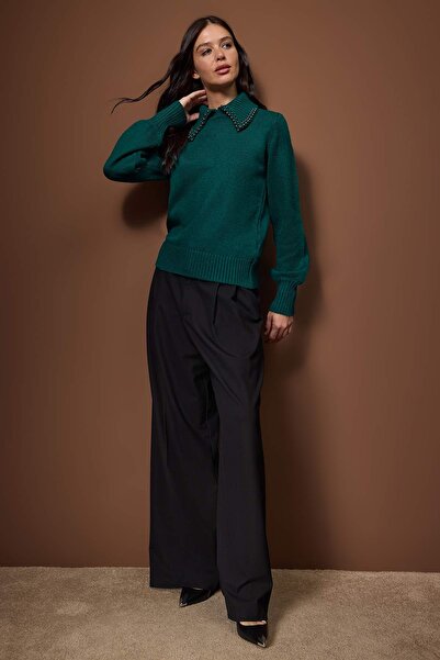 Trendyol Collection Emerald Green Polo Neck Stone Detailed Knitwear Sweater Twoaw26Kz00222