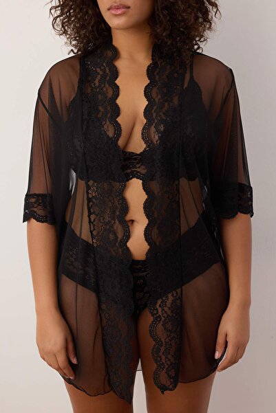 Trendyol Curve Black Mesh & Lace 3-Piece Plus Size Lingerie Set Tbbaw26Dg00007