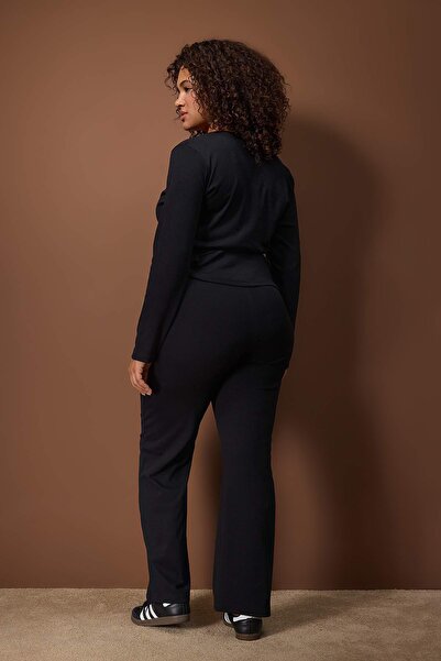 Trendyol Curve Black Double-Breasted Closed-Fitting Long-Sleeved Flexible Knitted Top-And-Bottom Set