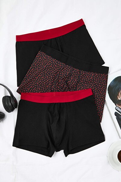 Trendyol Collection Black Patterned-Solid 3-Pack Cotton Boxer Tmnaw22Bx0010