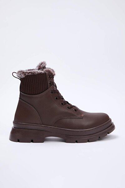 TRENDYOL SHOES Dark Brown Fur Detailed Lace up Women's Boots Takaw25Bo00027