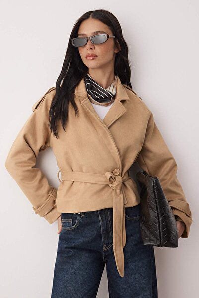 Trendyol Collection Mink Suede Mono Closure Regular Short Trench Coat Twoaw26Tr00025