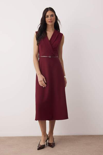 Trendyol Collection Special Collection Dark Burgundy Belt Detailed Midi Woven Dress Twoaw26El00077