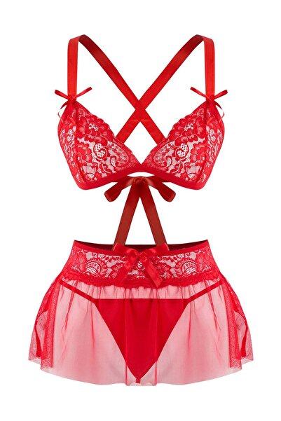 Trendyol Collection Rotes Spitzen-Unterwäsche-Set ohne Körbchen THMAW26CC00034