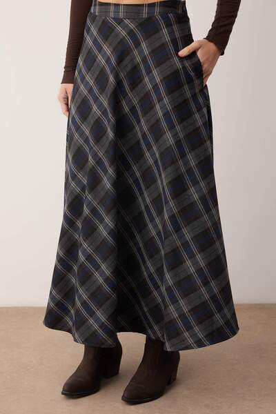 Trendyol Collection Navy Blue Black Plaid Woven Long Maxi Skirt Twoaw26Et00164