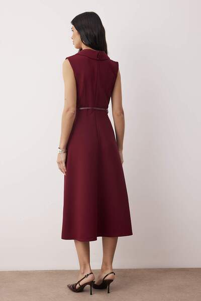 Trendyol Collection Special Collection Dark Burgundy Belt Detailed Midi Woven Dress Twoaw26El00077