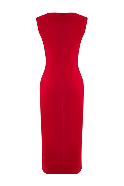 Trendyol Collection Red Belted Straight Accessory Detail Midi Woven Dress Twoaw26El00073