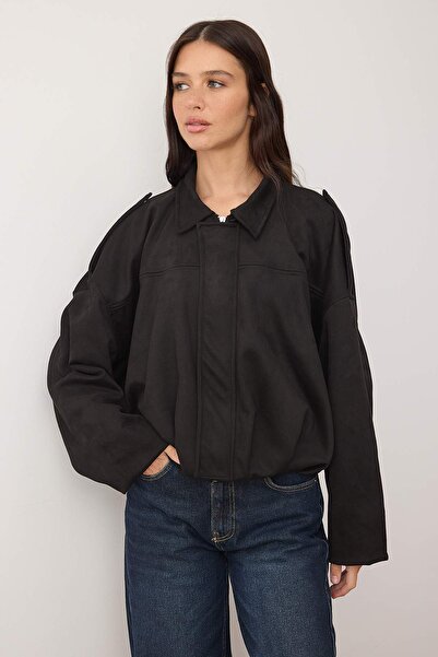 Trendyol Collection Schwarze Oversize-Suede-Bomberjacke TWOAW26MO00172
