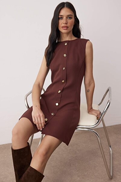 Trendyol Collection Limited Edition Brown Accessory Detailed Mini Woven Dress Twoaw26El00133