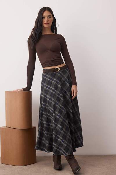 Trendyol Collection Navy Blue Black Plaid Woven Long Maxi Skirt Twoaw26Et00164