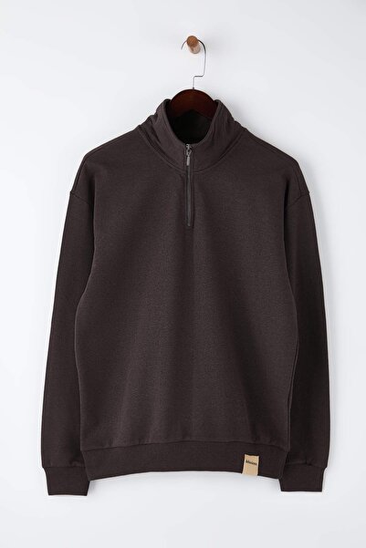 Trendyol Collection Brown Oversize/Wide Cut Stand Collar Zippered Label Inside Fleece Sweatshirt Tmnaw25Sw00168