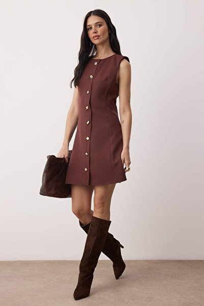 Trendyol Collection Limited Edition Brown Accessory Detailed Mini Woven Dress Twoaw26El00133