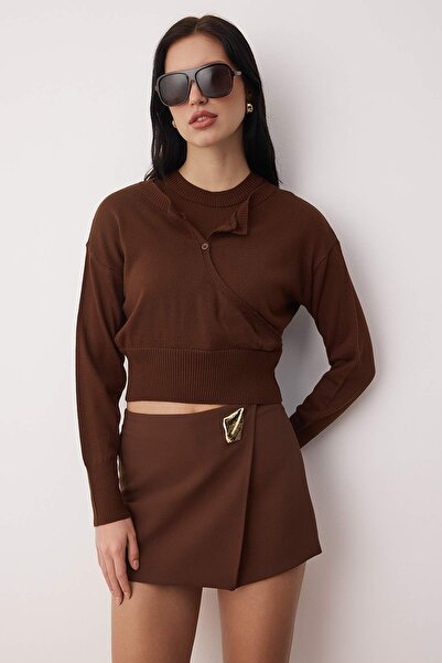 Trendyol Collection Brown Crew Neck Combined Blouse-Cardigan Knitwear Sweater Twoaw26Kz00280