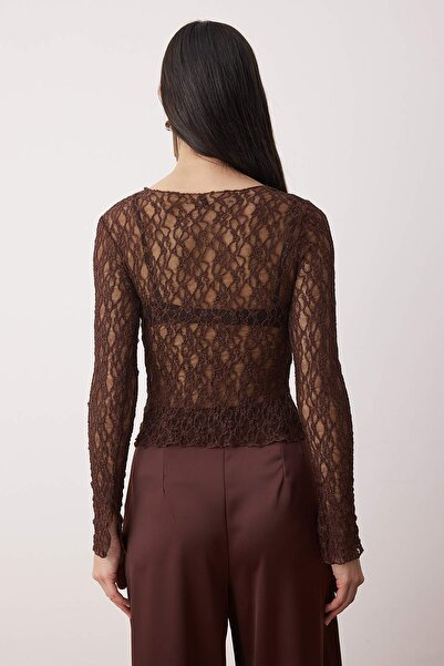 Trendyol Collection Brown Unlined V-Neck Lace Party Blouse Tpraw26Bz00069