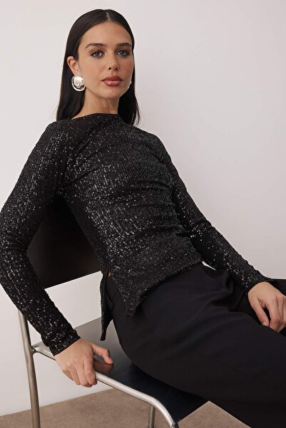 Trendyol Collection Black Boat Neck Knitted Party Blouse Tpraw26Bz00067