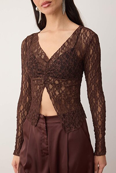 Trendyol Collection Brown Unlined V-Neck Lace Party Blouse Tpraw26Bz00069