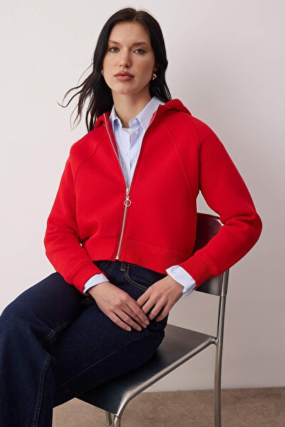 Trendyol Collection Red Regular/Normal Fit Crop Knitted Sweatshirt Twoaw26Sw00045