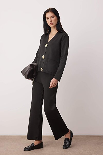 Trendyol Collection Black V-Neck Button Detailed Cardigan-Pants Knitwear Bottom - Top Set Twoaw26Au00045