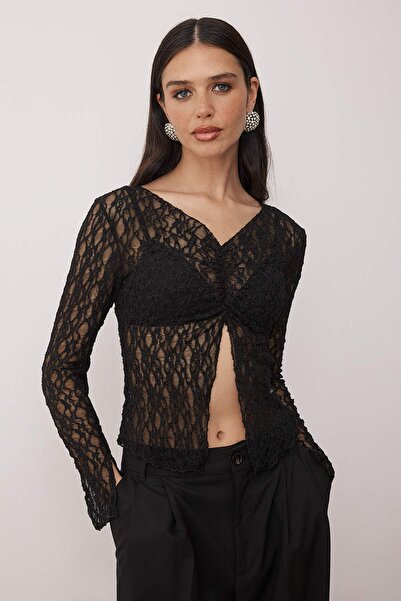 Trendyol Collection Black Unlined V-Neck Lace Party Blouse Tpraw26Bz00069