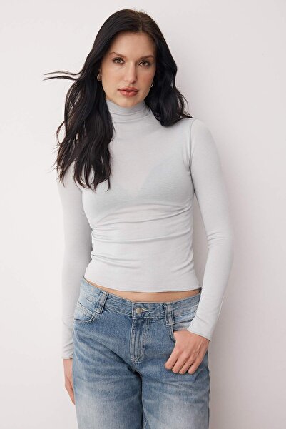 Trendyol Collection Gray Melange Transparent Mock Neck Flexible Regular Length Knitted Blouse Twoaw26Bz00266