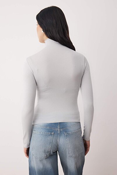 Trendyol Collection Gray Melange Transparent Mock Neck Flexible Regular Length Knitted Blouse Twoaw26Bz00266