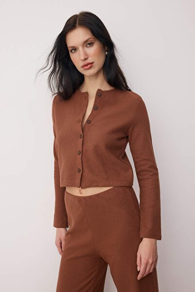 Trendyol Collection Dark Brown 3-Piece Thessaloniki/Triko Look Buttoned Stretch Knitted Bottom - Top Set Twoaw26Au00052