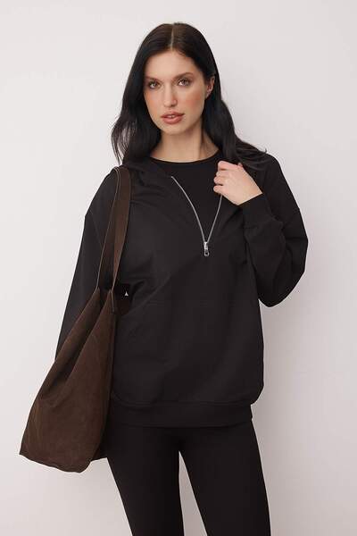 Trendyol Collection Black 3-Piece Oversized /Wide Fit Hooded Tights Knitted Bottom - Top Set Twoaw26Au00151