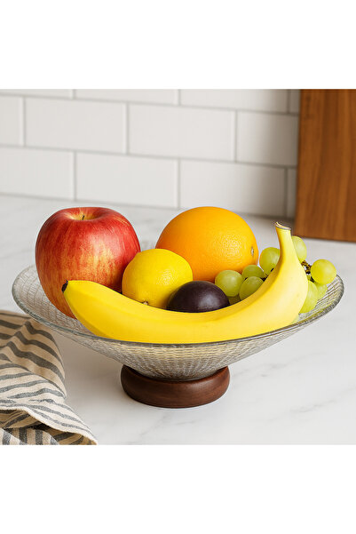 SUPPLIER Glass Fruit Tray with Wooden Base | 27 cm Diameter | Decorative Serving Bowl for Fruits, Desserts &
