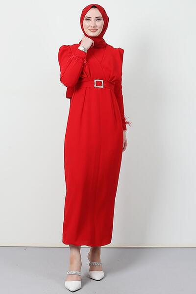 Giza Giyim Feather Detail Hijab Dress Red