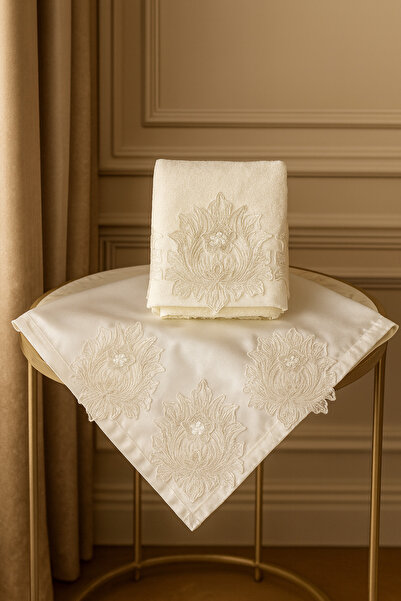 Çeyiz Bahçesi Çeyizlik Fransız Dantelli Ahva Krem 2'li Bohça Seti