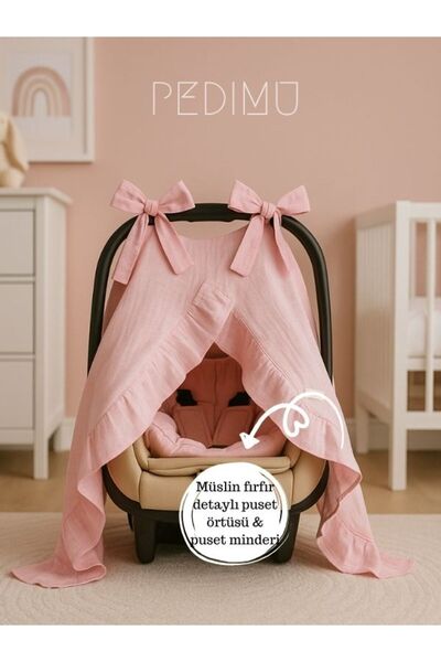 Pedimu Müslin Pembe Renk Fırfır Detaylı Puset Örtüsü Ve Puset Minderi Set