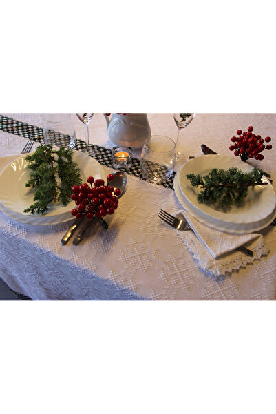 Nicoratex Rectangular white tablecloth with white and green lace and set of 6 white napkins with green lace