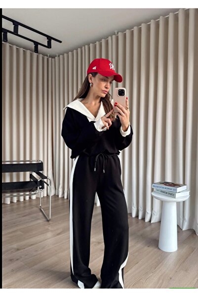 DUSOHOME Modal Garnili Beli Stoperli Takım Bej Şerit Detaylı Modal Kumaş Swea...