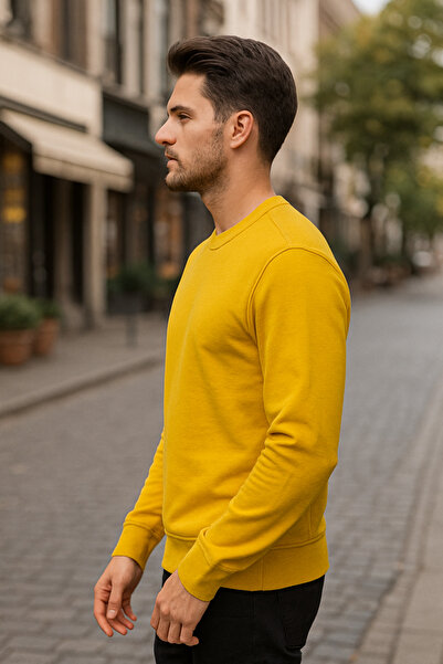 Maccali Men's Crew Neck Trend Long Sleeve Long Yellow Sweater