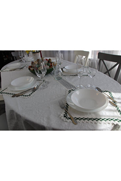 Nicoratex White rectangular tablecloth with white lace and set of 6 white napkins with white and green lace