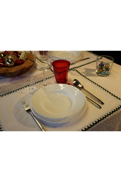 Nicoratex White rectangular tablecloth with white lace and set of 6 white napkins with white and green lace