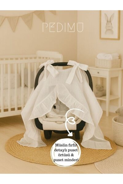 Pedimu Müslin Beyaz Renk Fırfır Detaylı Puset Örtüsü Ve Puset Minderi Set