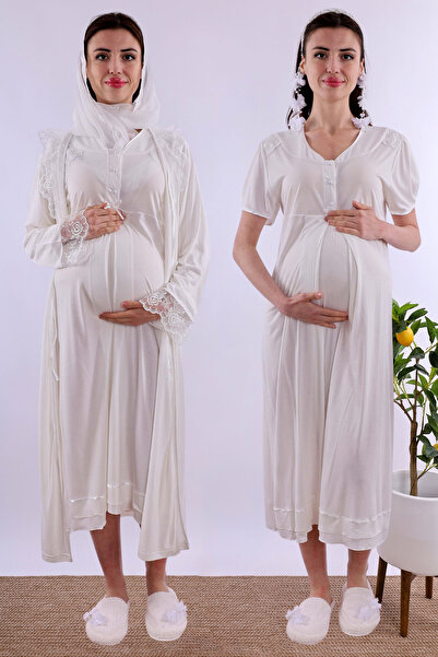 ByLohusa Effortt Ekru Tesettürlü Sabahlıklı Hamile Lohusa Gecelik Takım