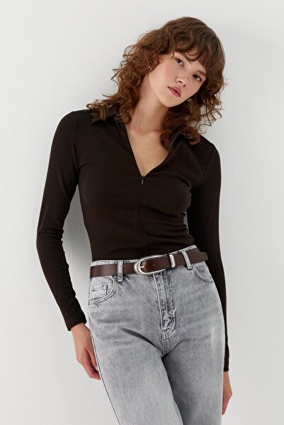 MARKALİSTE Μπλούζα με λαιμόκοψη πόλο με κρυφό φερμουάρ μπροστά, καφέ πικρό