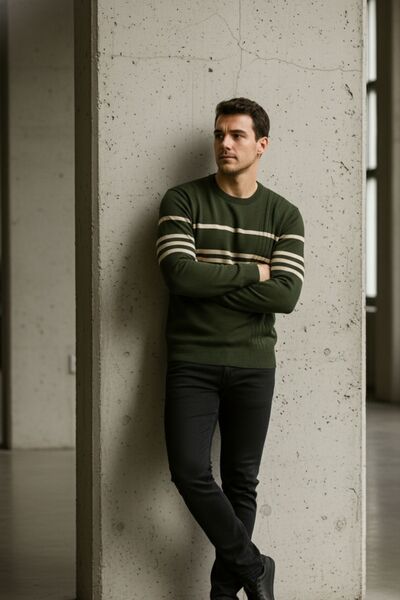 Maccali Ανδρικό χειμερινό πουλόβερ με ριγέ μακρυμάνικο χακί πλεκτό