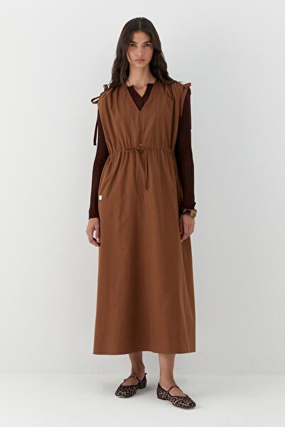 MARKALİSTE Drawstring Detailed V-Neck Dress Brown
