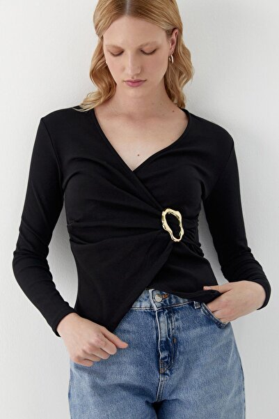 MARKALİSTE Double-Breasted Cut Buckle Detailed Blouse Black