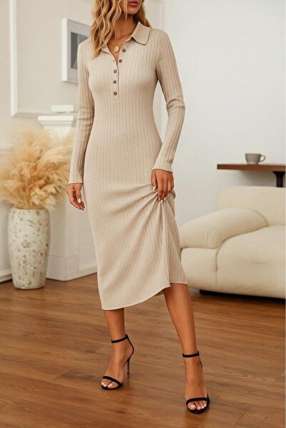 Butik فستان نسائي قصير بأكمام طويلة وياقة وأزرار