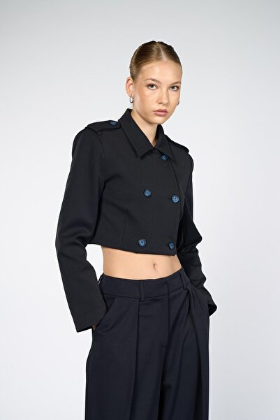 Thalure Blazer crop pentru femei, albastru marin, cu detalii epoleți