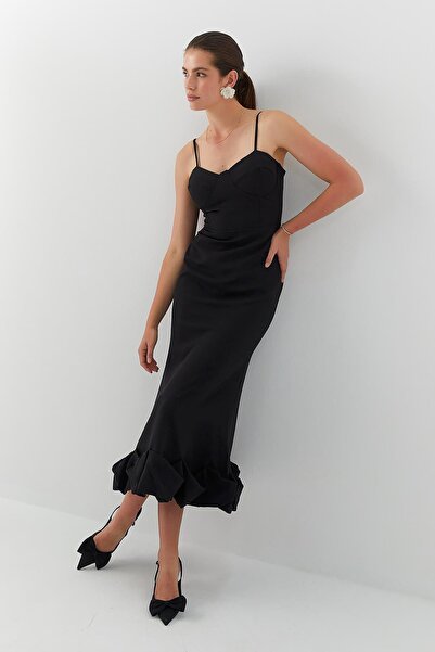 MARKALİSTE Midi Dress with Flared Hem and Straps Black