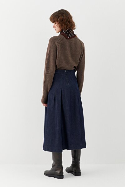 MARKALİSTE High Waist Pleated Midi Skirt Navy Blue