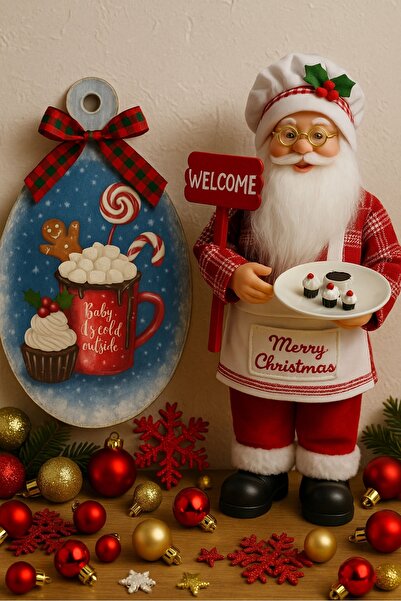 Uretti - Funda 1603 El Yapımı Ahşap Yılbaşı Panosu ve Aşçı Noel Baba Biblo 2'...