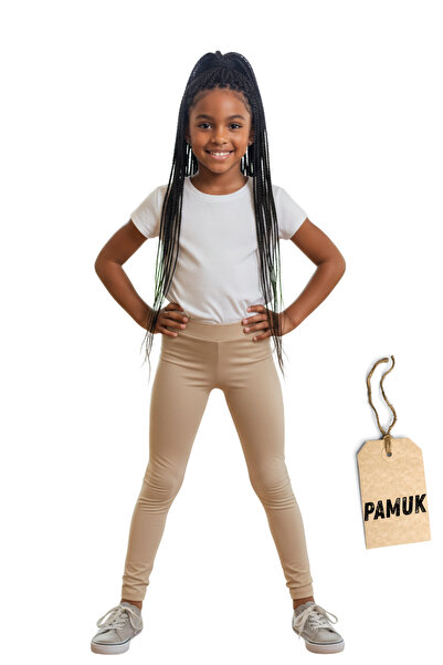 Dolce Destino Kız Çocuk Tayt - Bej Pamuklu Likralı Mevsimlik Uzun Çocuk Taytı