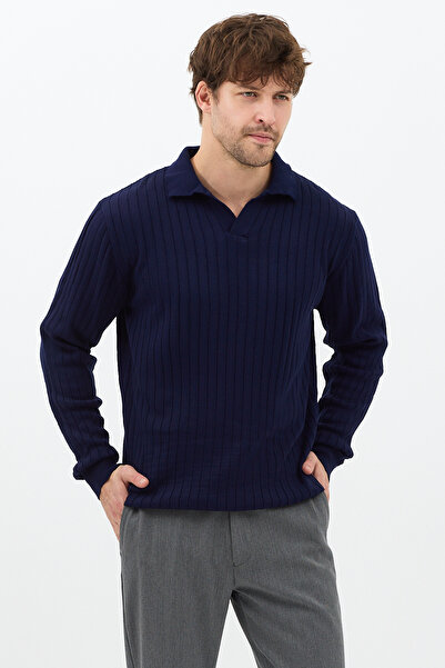 Tarz Cool Navy Blue Men's Polo Neck Ribbed Knitwear Sweater