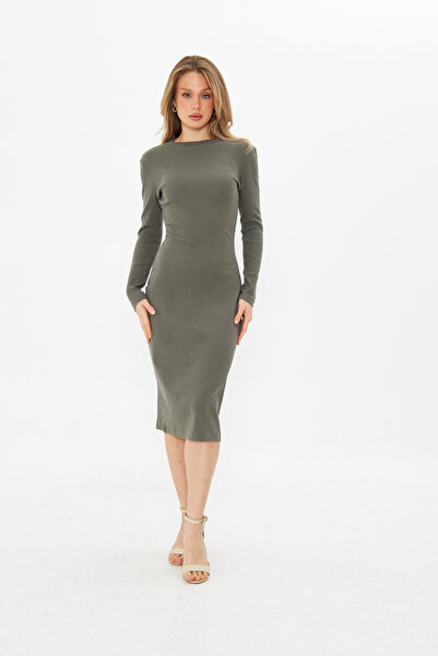 ESPİNA Half Turtleneck Bodycon Long Sleeve Ribbed Camisole Dress Khaki